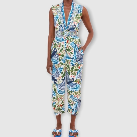 FARM Rio Pants - Farm Rio Off White Macaw Flight Canvas Jumpsuit